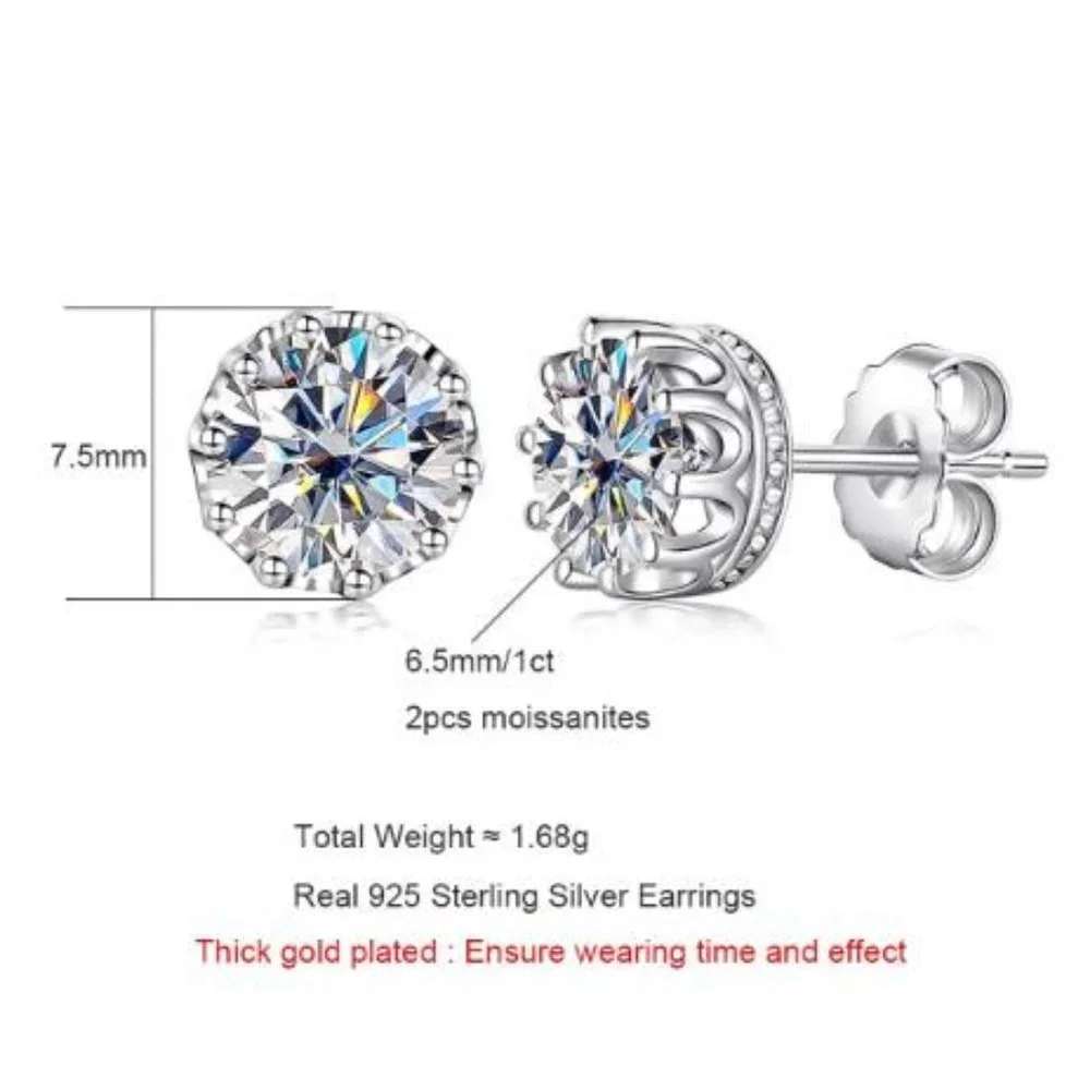 Certified 2ct. t.w. Moissanite Diamond Crown Stud Earrings NEW
